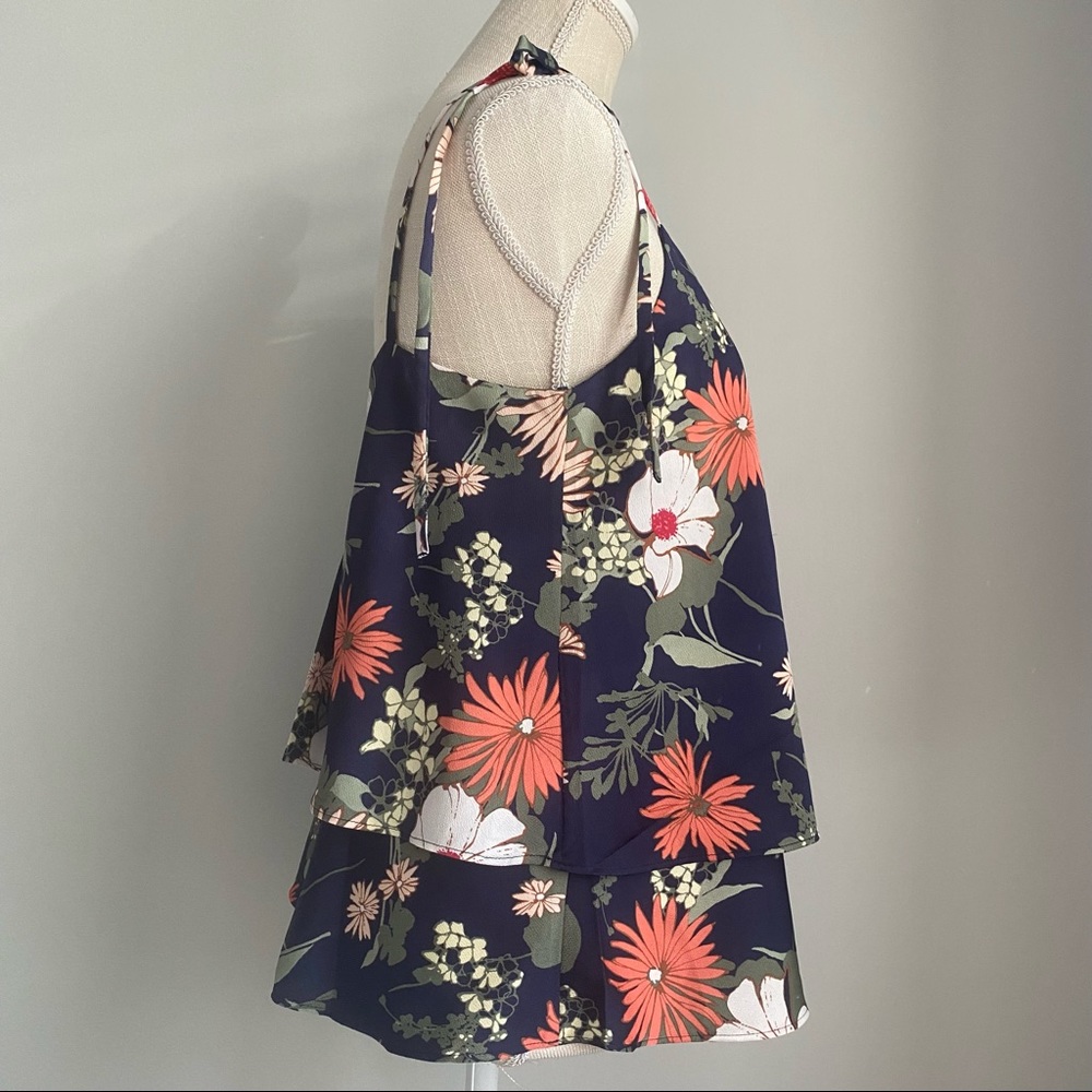 NWT BR Navy Floral Print Tie Shoulder Tiered Top, Size Small - Picture 9 of 16